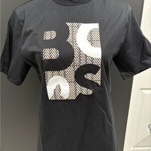 Boss Black Short Sleeve Tee with White and Tan Patterned Logo